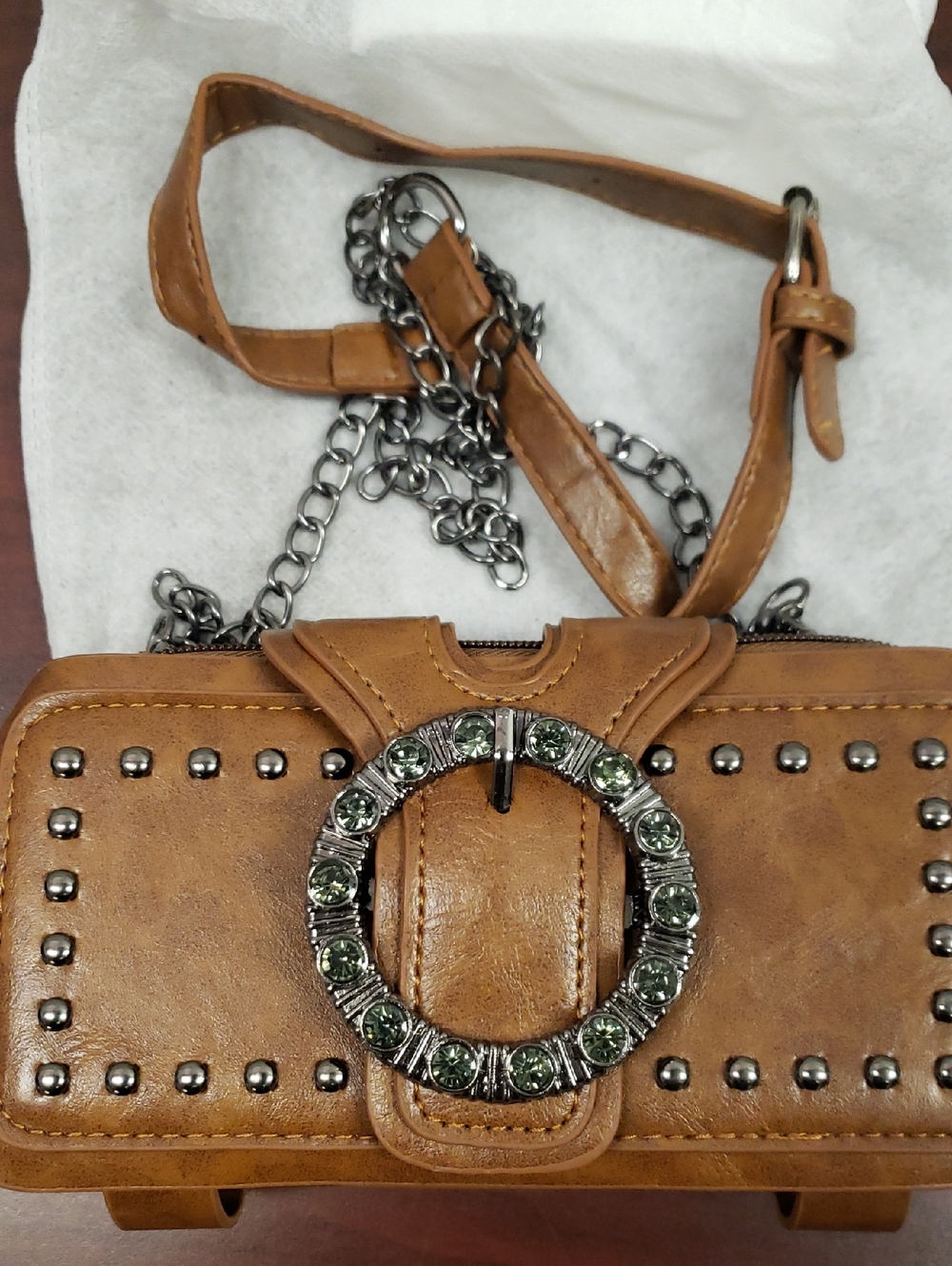 Tan Studded Crossbody Bag with Green Gem Accent